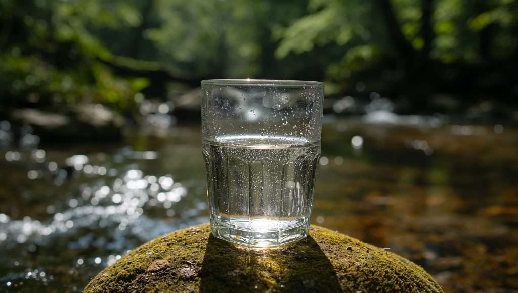The image features a glass of clear liquid, possibly water, resting on a mossy surface, set against a blurred backdrop of green foliage and shimmering water.