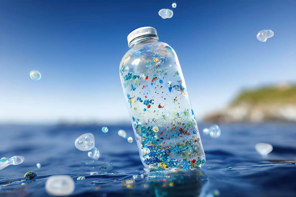 Plastic bottle floating in ocean water filled with visible microplastics, illustrating pollution and contamination in marine environments