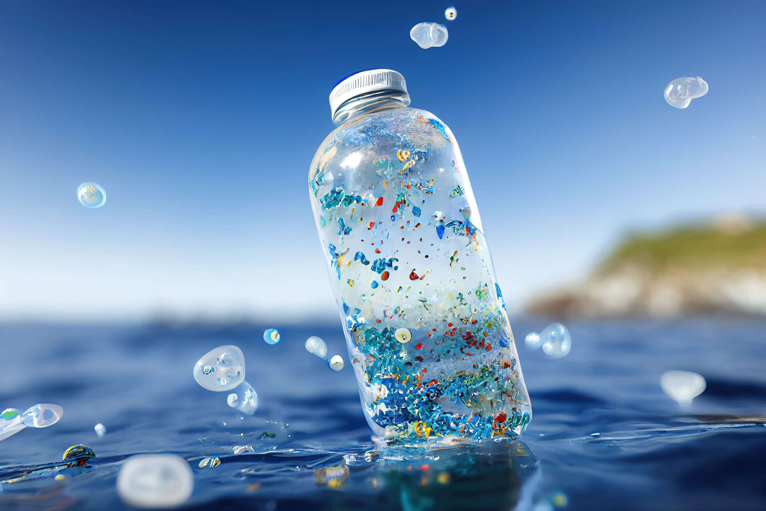 Plastic bottle floating in ocean water filled with visible microplastics, illustrating pollution and contamination in marine environments