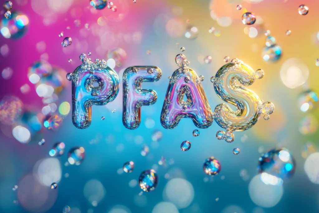 : PFAS concept illustration with colorful water bubbles representing contamination in drinking water.