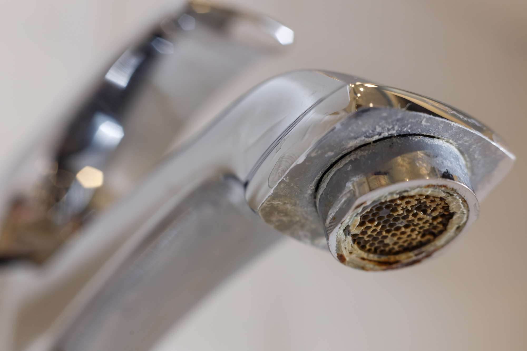 Limescale on faucet mesh in bathrooms.